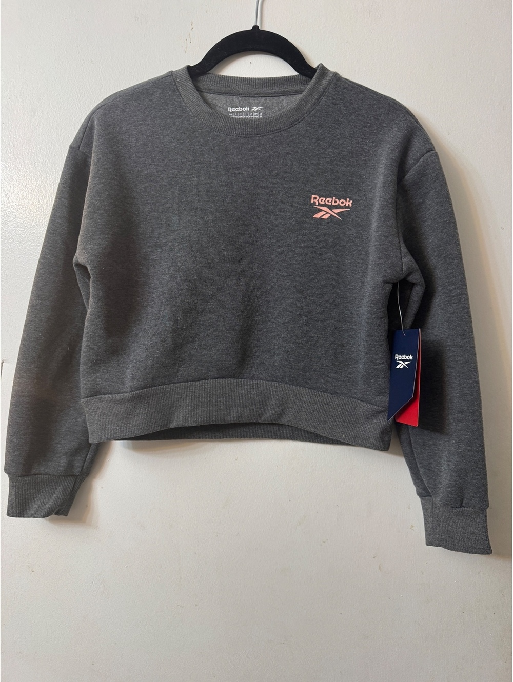Reebok Gray Cropped Sweatshirt with Pink Logo - Size M